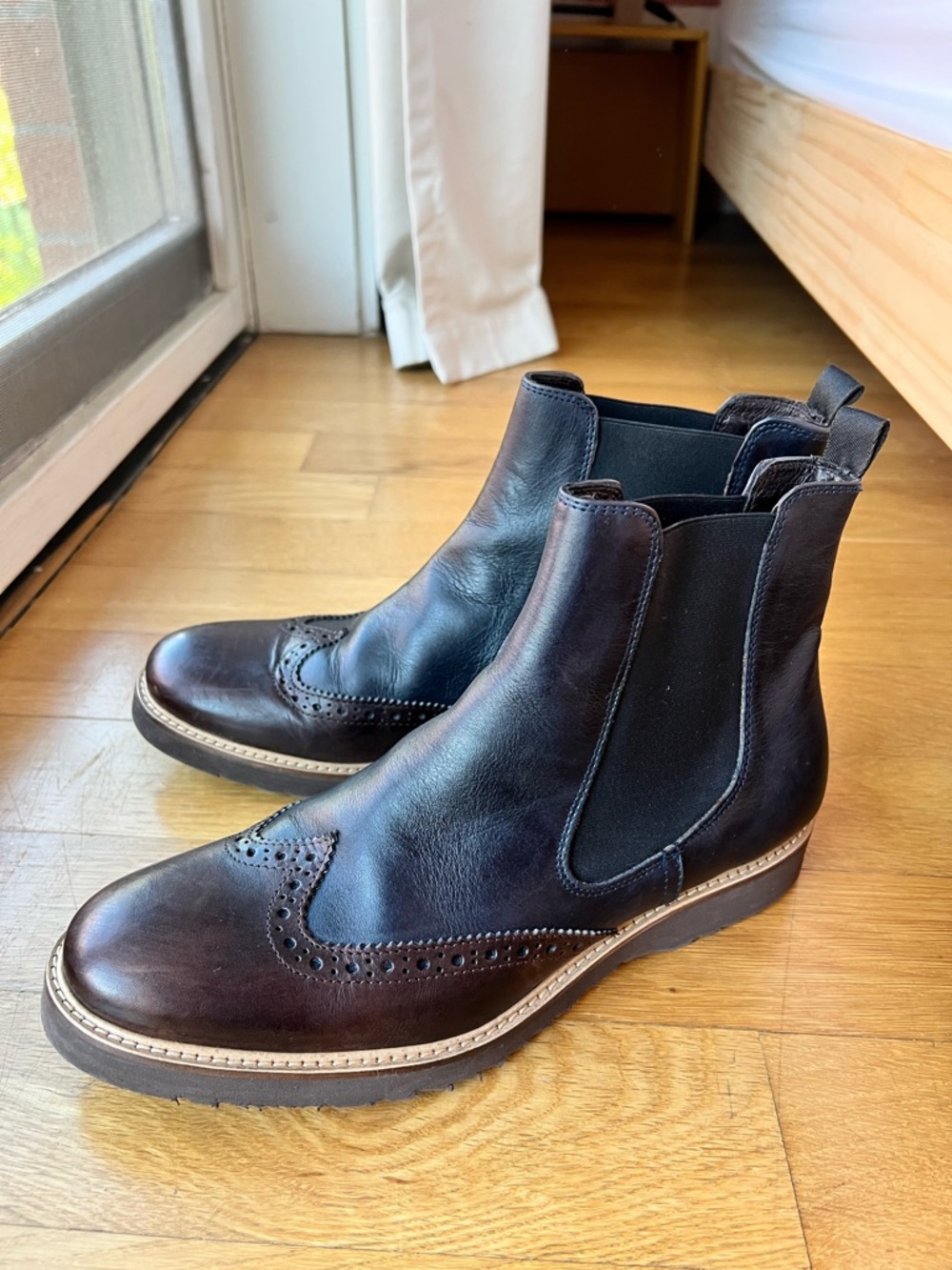 Italian Dark Brown Leather Chelsea Booties with Brogue Detail